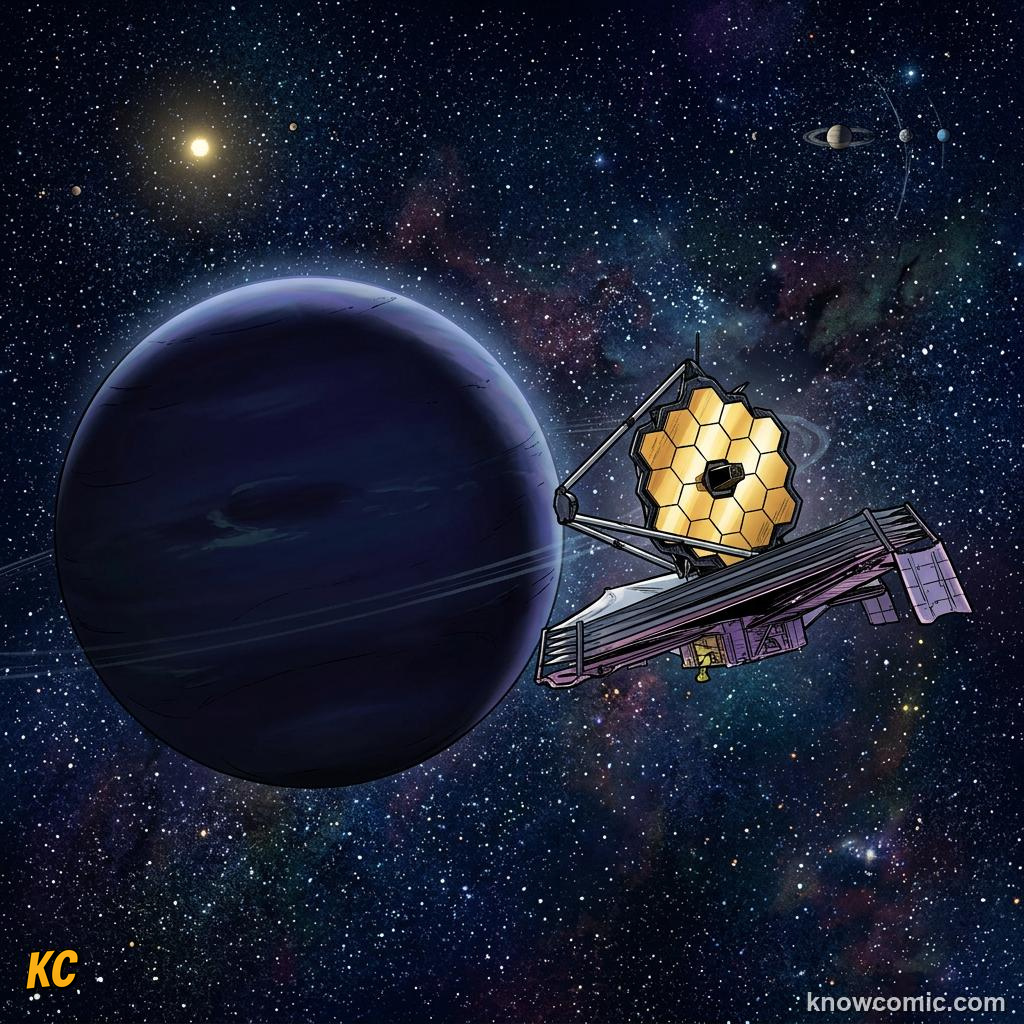 Comic panel about neptune: windy blue world: Neptune At The Edge, Far, educational kids illustration