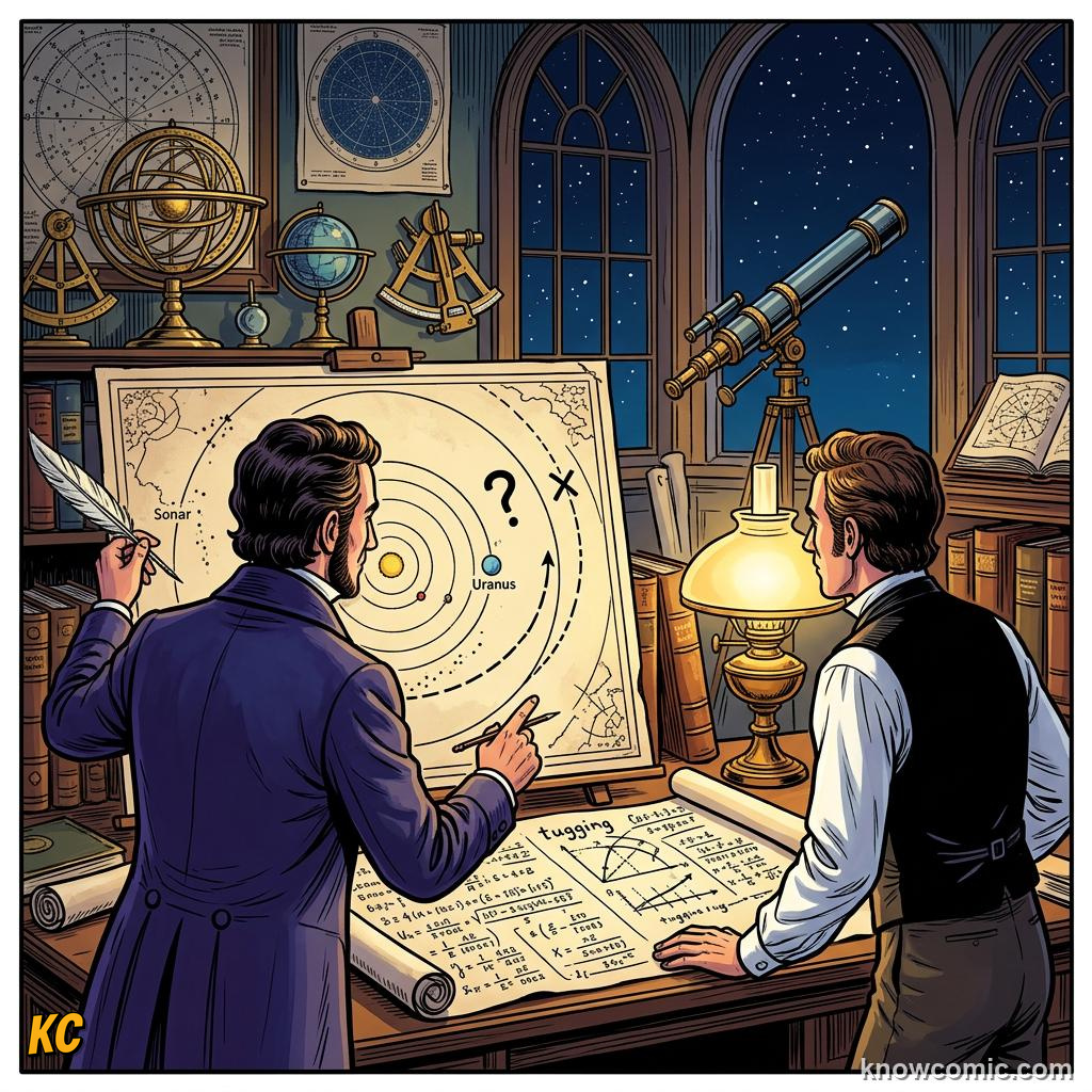 Comic panel about neptune: windy blue world: Math, educational kids illustration