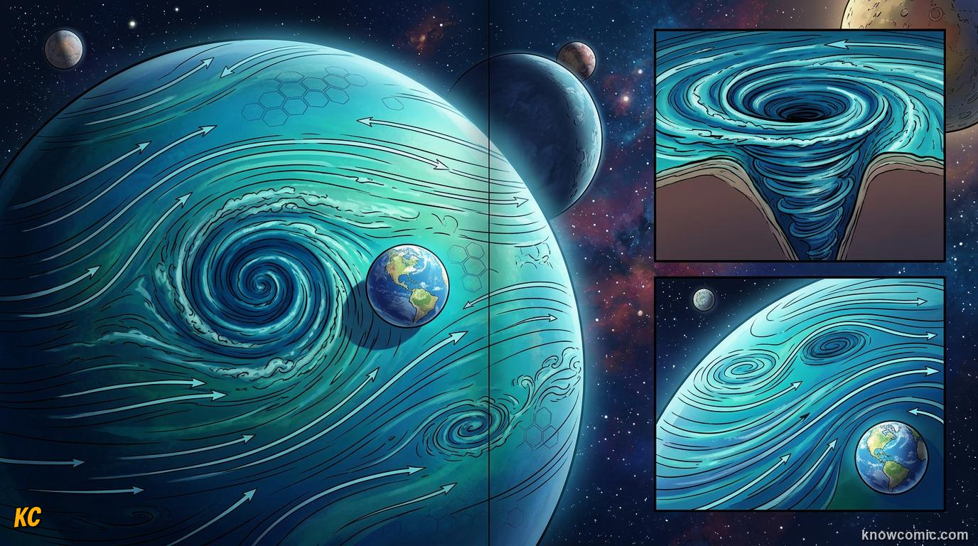 Comic panel about neptune: windy blue world: Windiest, educational kids illustration