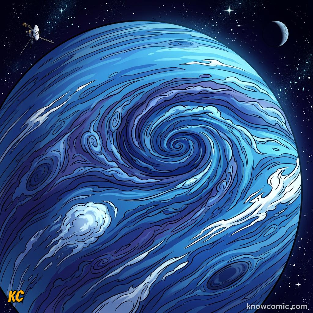 Comic panel about neptune: windy blue world: Storms With Enormous Power, educational kids illustration