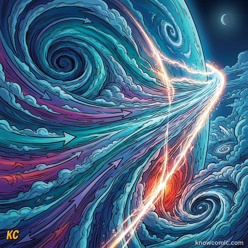 Comic panel about neptune: windy blue world: Storms With Enormous Power, Energy, educational kids illustration