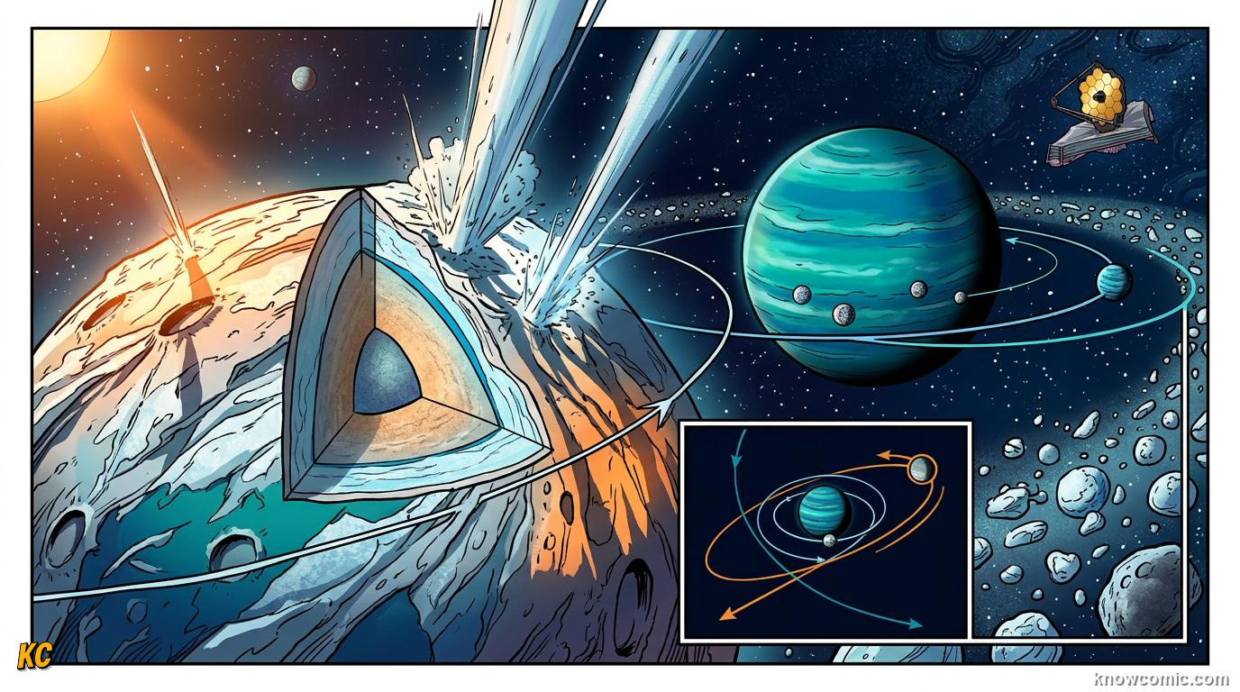 Comic panel about neptune: windy blue world: Pressure Creates Gems, Captured Moon?, educational kids illustration