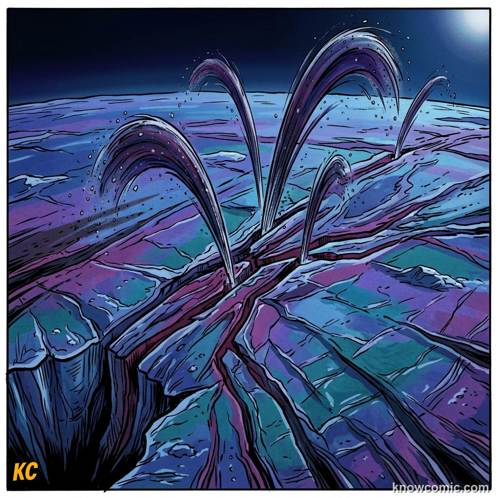 Comic panel about neptune: windy blue world: Triton Orbits The Wrong Way, Geysers, educational kids illustration
