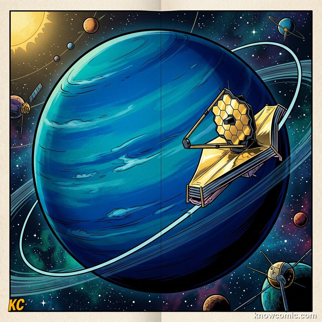 Comic panel about neptune: windy blue world: Triton Orbits The Wrong Way, Future, educational kids illustration