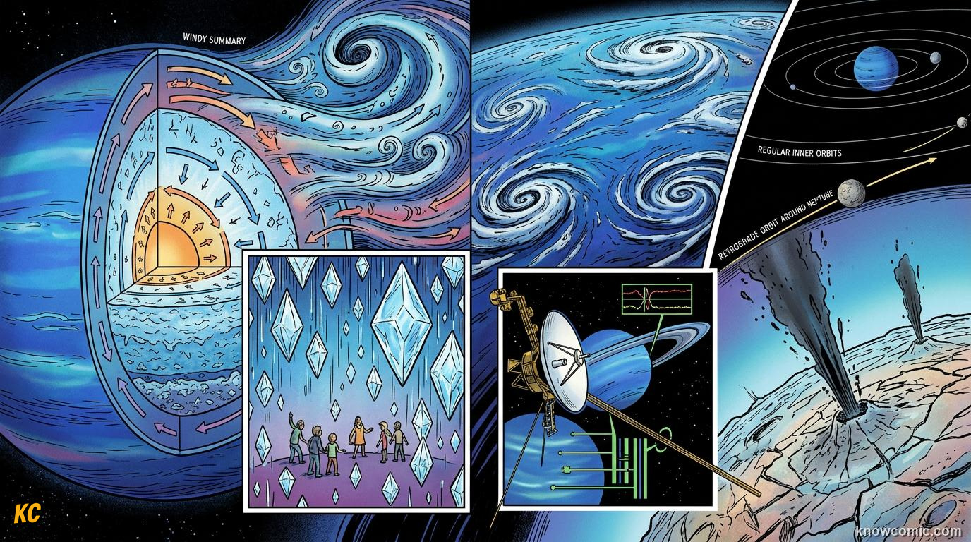 Comic panel about neptune: windy blue world: Wrap Up, educational kids illustration