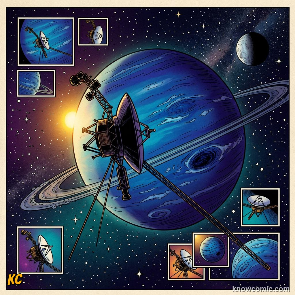 Comic panel about neptune: windy blue world: Windy Blue Mystery, Explore, educational kids illustration