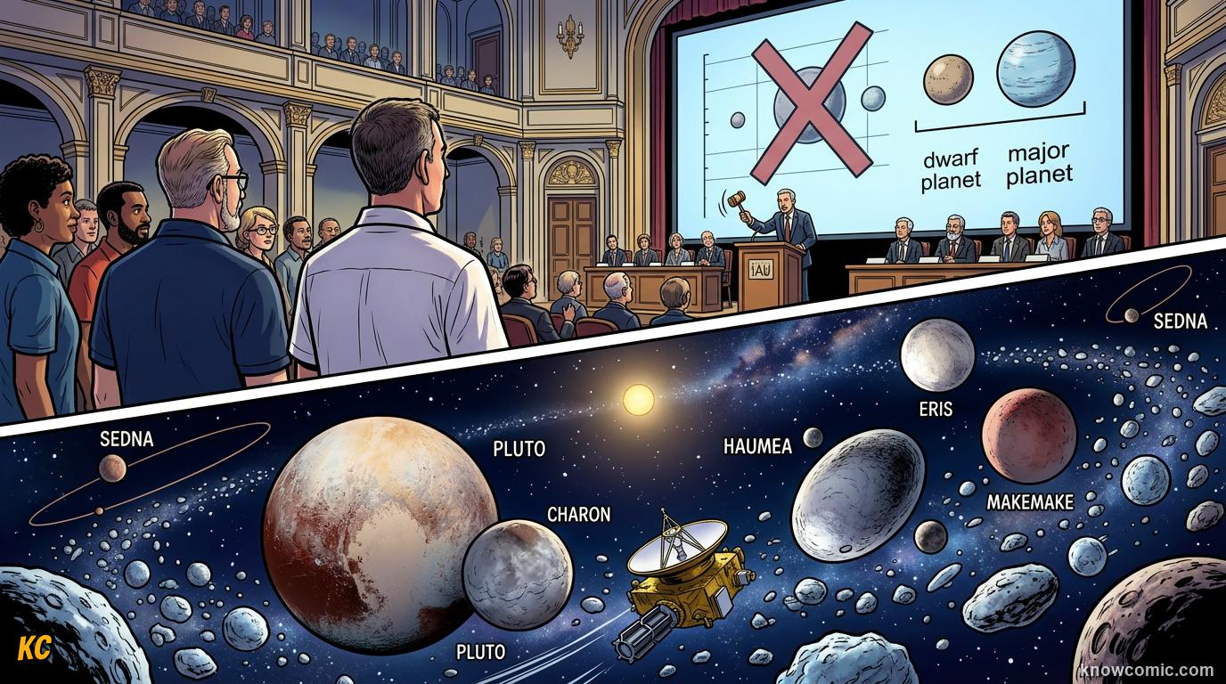 Comic panel about dwarf planets: pluto & beyond: New Rules, educational kids illustration