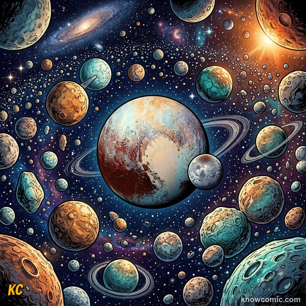 Comic panel about dwarf planets: pluto & beyond: Clear, educational kids illustration