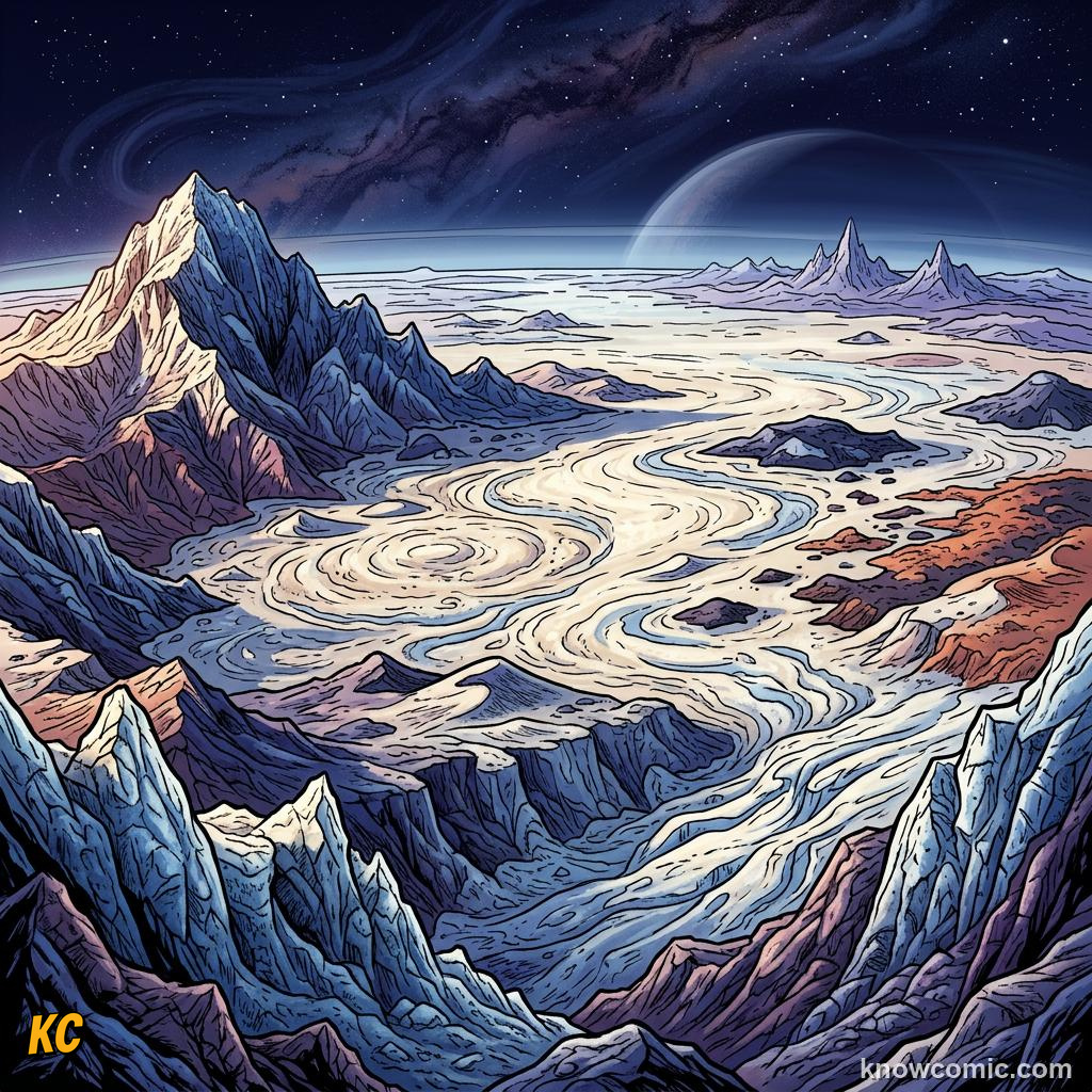 Comic panel about dwarf planets: pluto & beyond: Hearts And Ice, Surface, educational kids illustration