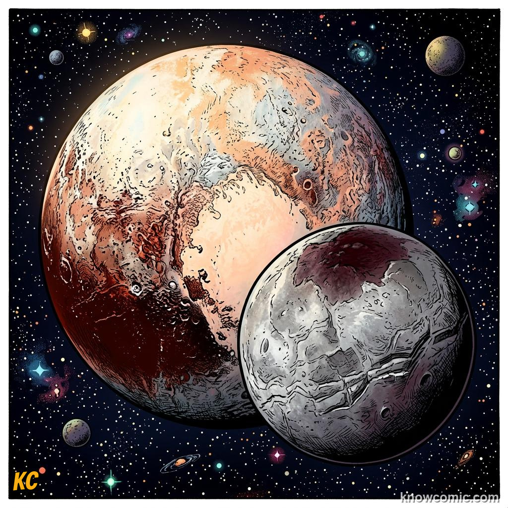 Comic panel about dwarf planets: pluto & beyond: Hearts And Ice, Charon, educational kids illustration