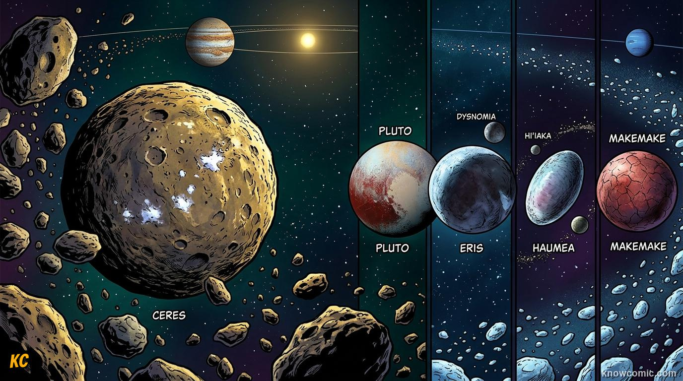 Comic panel about dwarf planets: pluto & beyond: The List, educational kids illustration