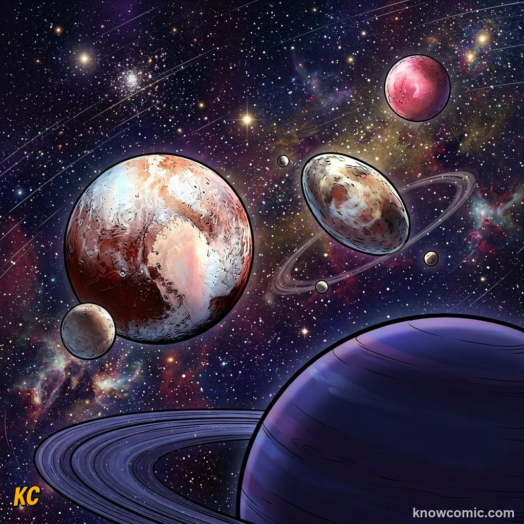 Comic panel about dwarf planets: pluto & beyond: Far, educational kids illustration