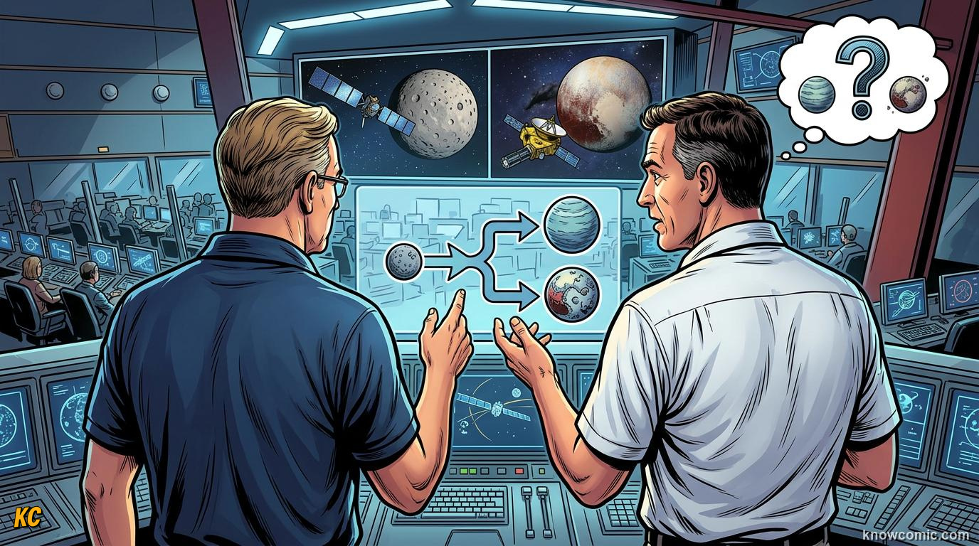 Comic panel about dwarf planets: pluto & beyond: Ceres To Eris, Feelings, educational kids illustration