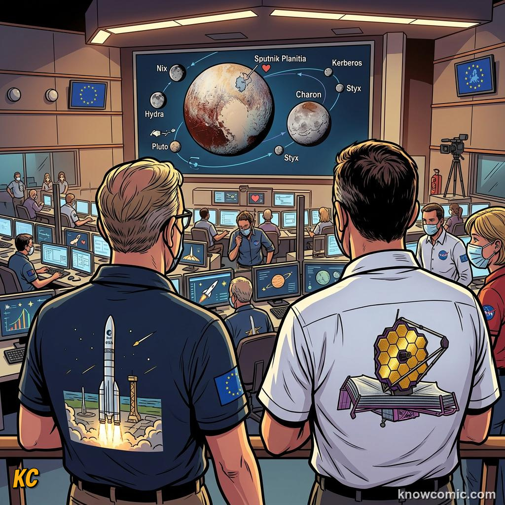 Comic panel about dwarf planets: pluto & beyond: Science Keeps Talking, Against, educational kids illustration