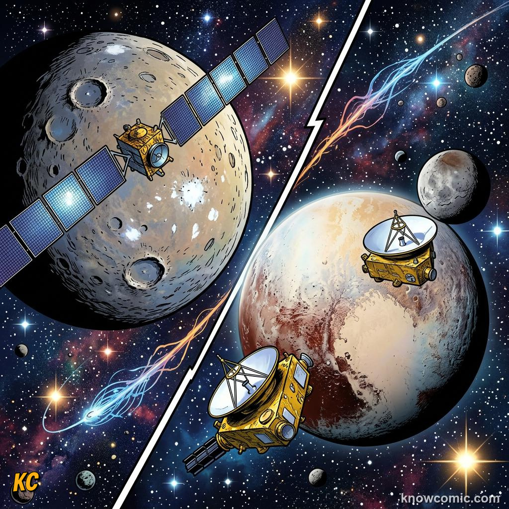 Comic panel about dwarf planets: pluto & beyond: Science, educational kids illustration