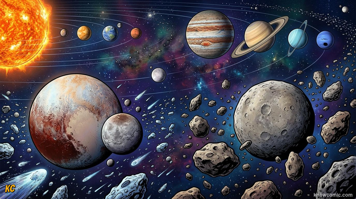 Comic panel about dwarf planets: pluto & beyond: Wrap Up, educational kids illustration