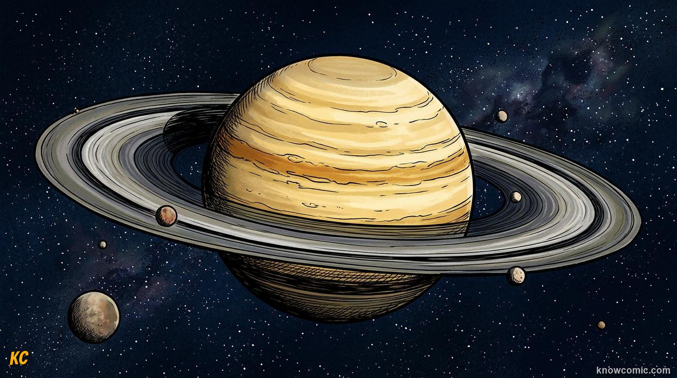 Comic panel about saturn: beyond the rings: Second Biggest, educational kids illustration