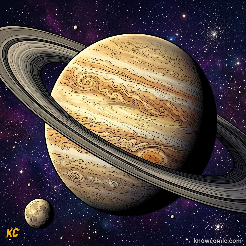 Comic panel about saturn: beyond the rings: Core, educational kids illustration