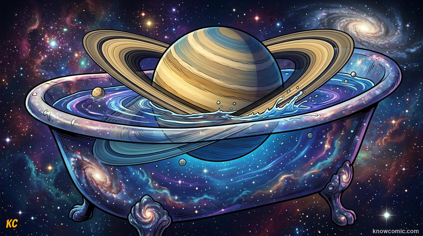 Comic panel about saturn: beyond the rings: Low Density, educational kids illustration