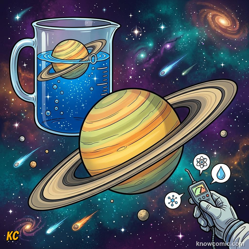 Comic panel about saturn: beyond the rings: Saturn Is Surprisingly Light, Density, educational kids illustration