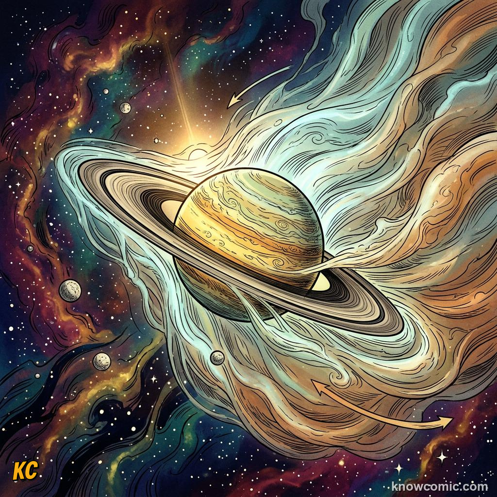 Comic panel about saturn: beyond the rings: Saturn Is Surprisingly Light, Gas, educational kids illustration