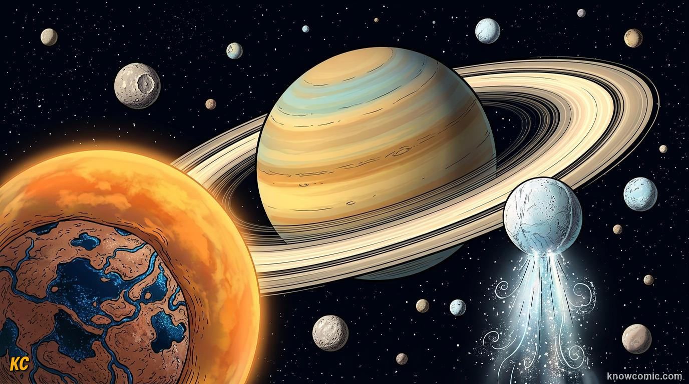 Comic panel about saturn: beyond the rings: Many Moons, educational kids illustration