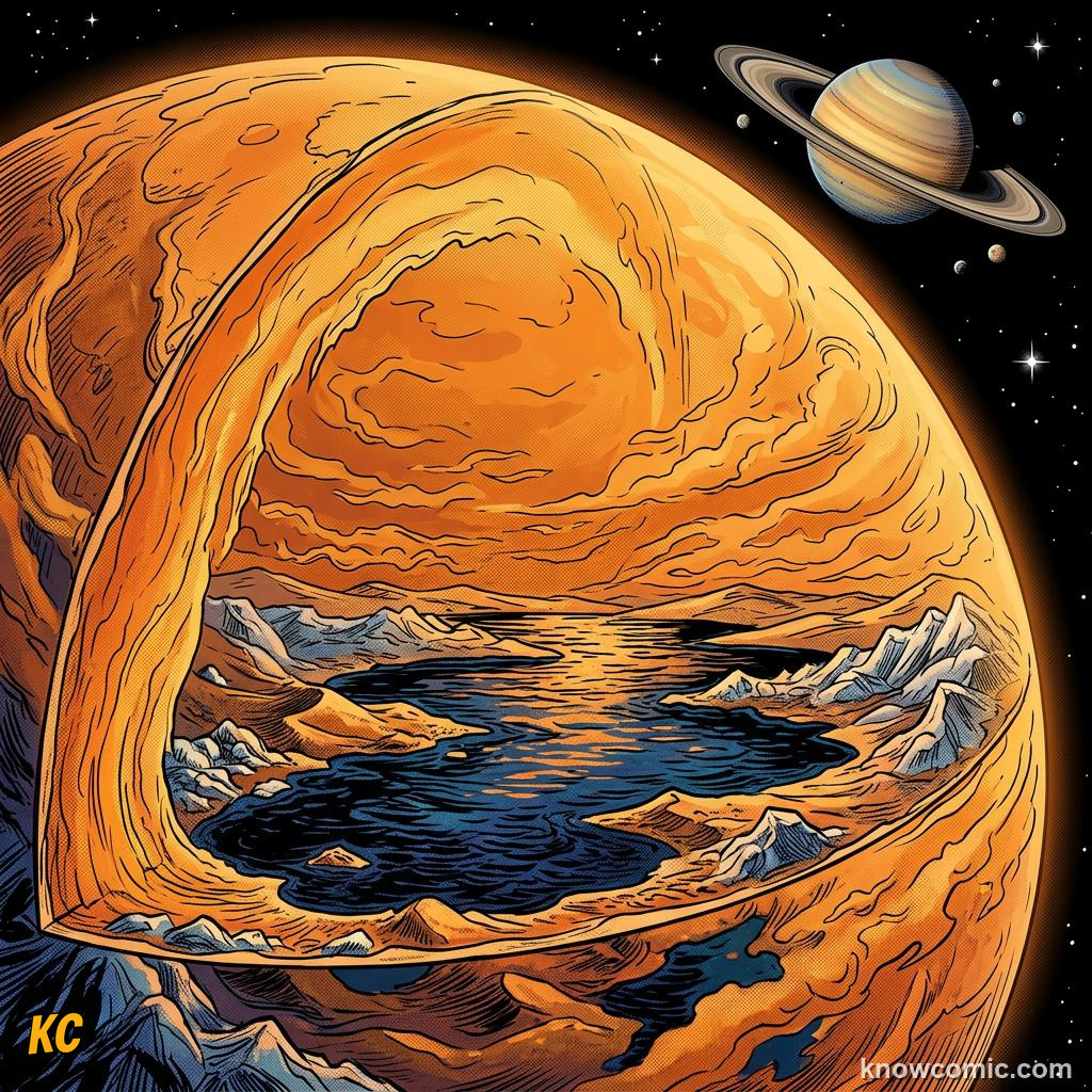 Comic panel about saturn: beyond the rings: Lakes, educational kids illustration