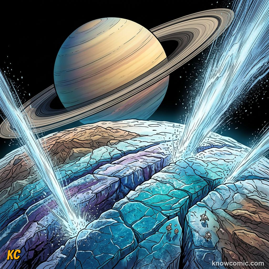 Comic panel about saturn: beyond the rings: Enceladus, educational kids illustration