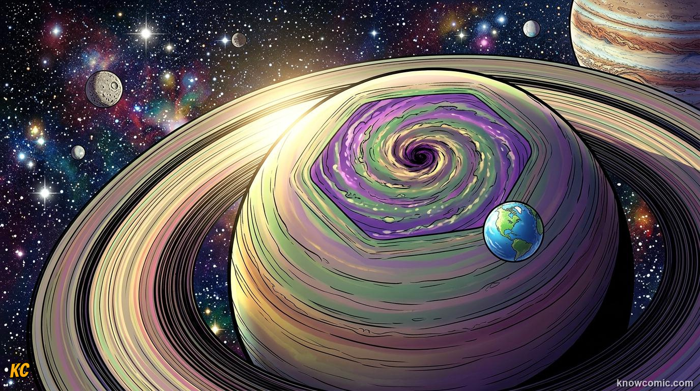 Comic panel about saturn: beyond the rings: Titan Stands Out, Six Sides, educational kids illustration