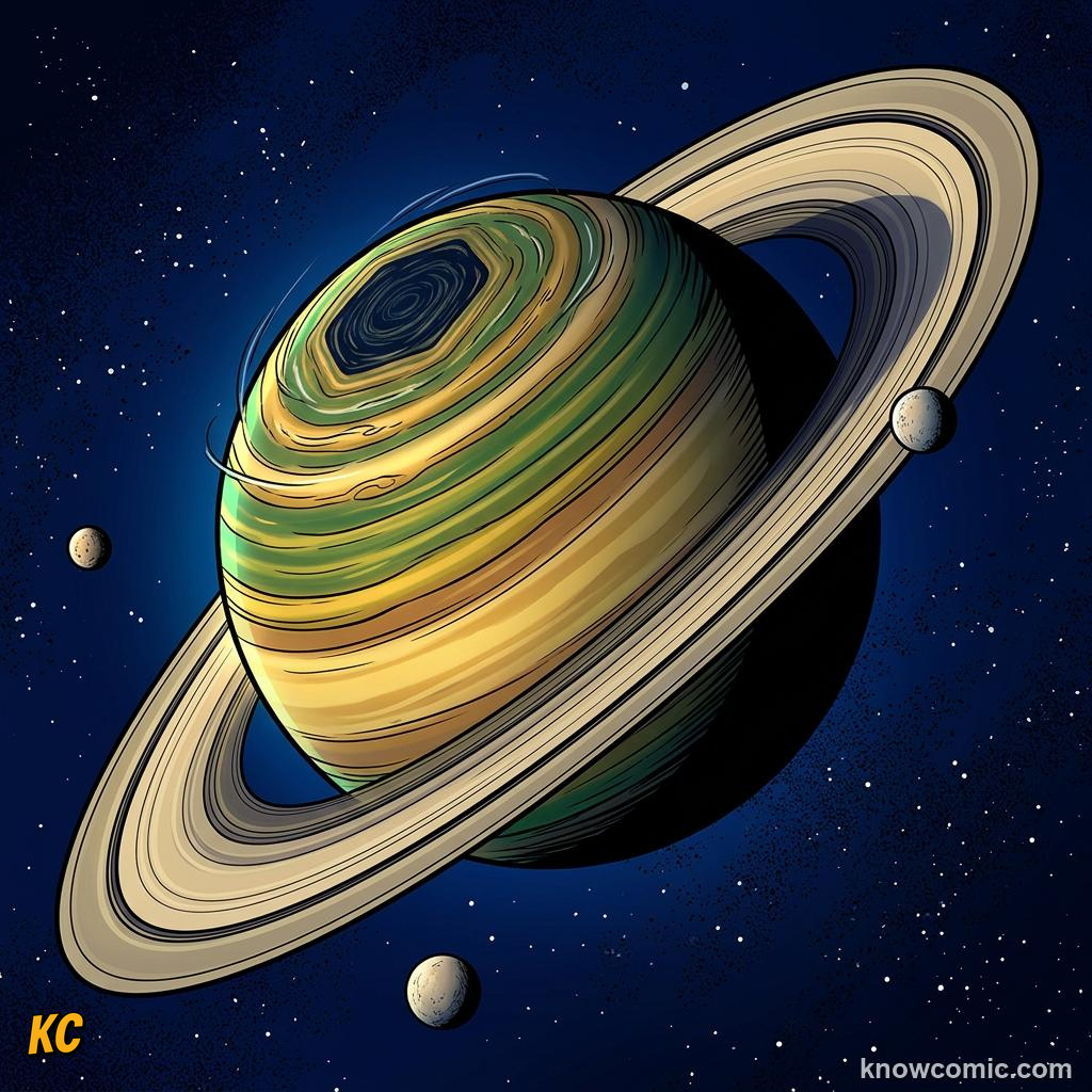 Comic panel about saturn: beyond the rings: A Storm Like No Other, Jet, educational kids illustration