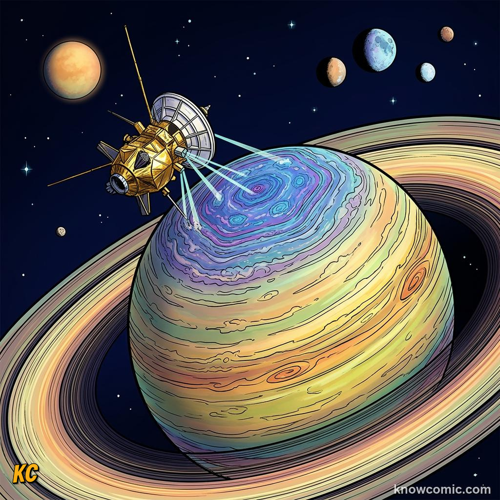 Comic panel about saturn: beyond the rings: Nasa, educational kids illustration