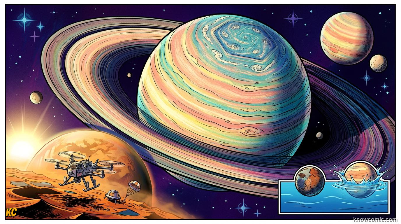 Comic panel about saturn: beyond the rings: Wrap Up, educational kids illustration