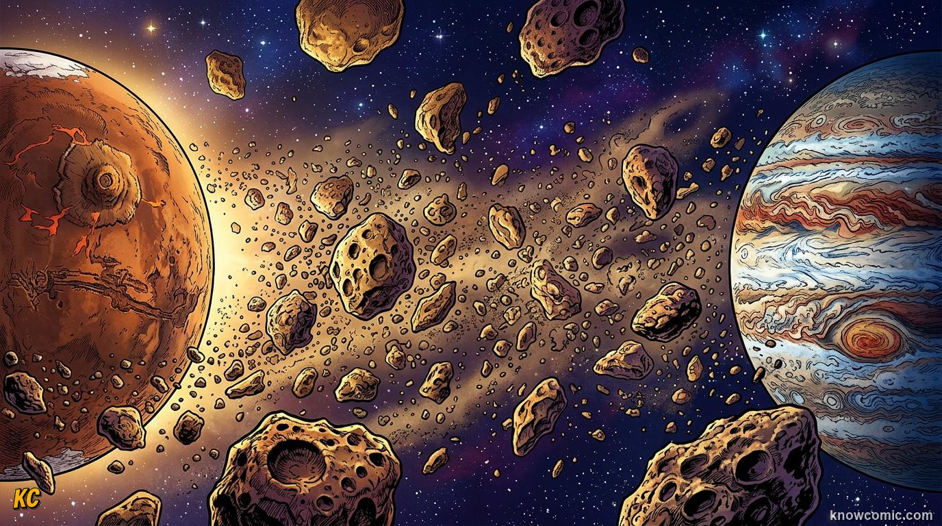 Comic panel about the asteroid belt: between mars & jupiter: Between Worlds, educational kids illustration