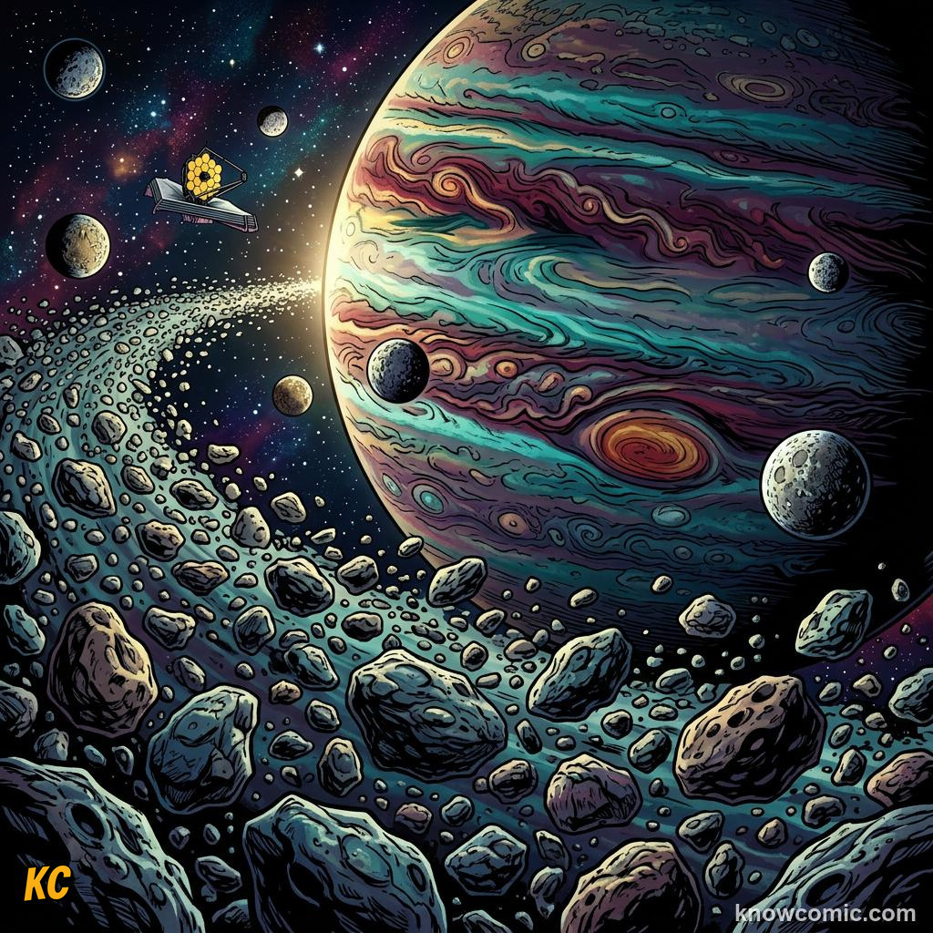 Comic panel about the asteroid belt: between mars & jupiter: Leftover, educational kids illustration