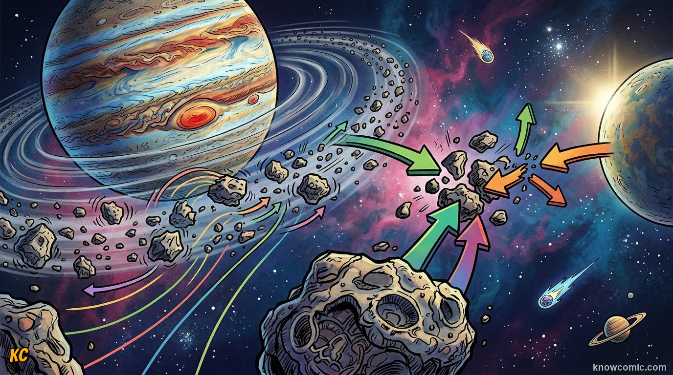 Comic panel about the asteroid belt: between mars & jupiter: Big Neighbor, educational kids illustration