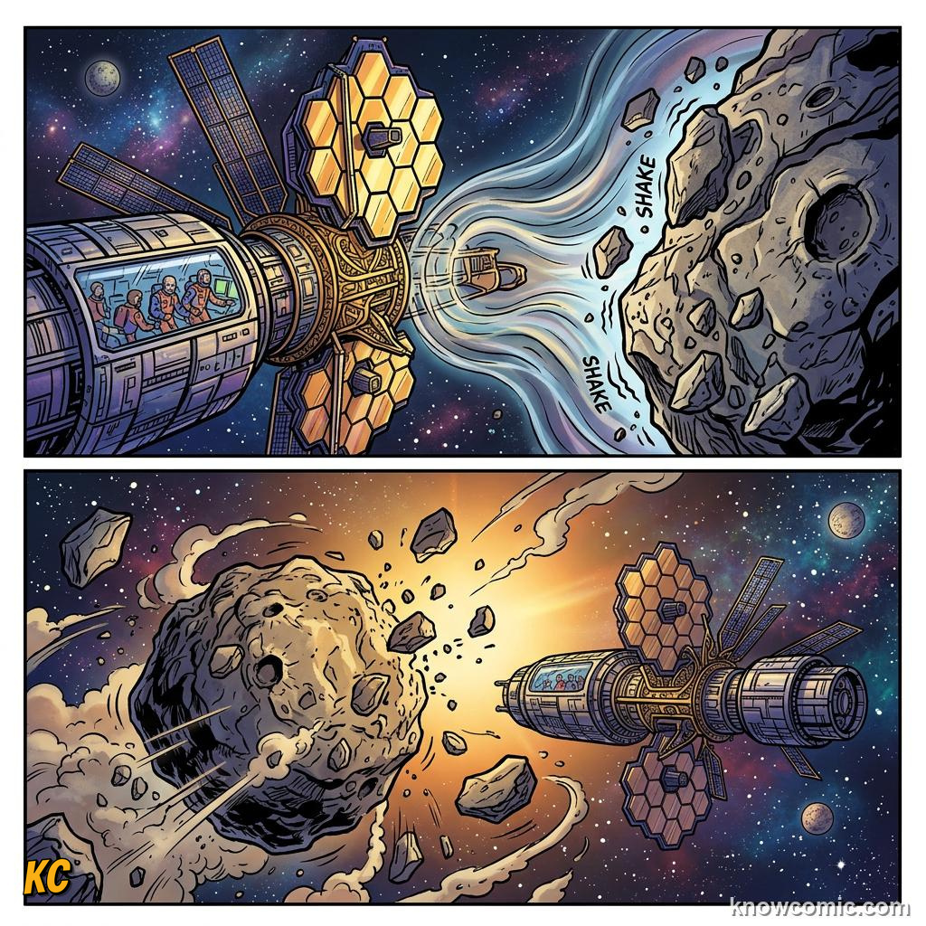Comic panel about the asteroid belt: between mars & jupiter: Why No Planet Grew, Tug, educational kids illustration