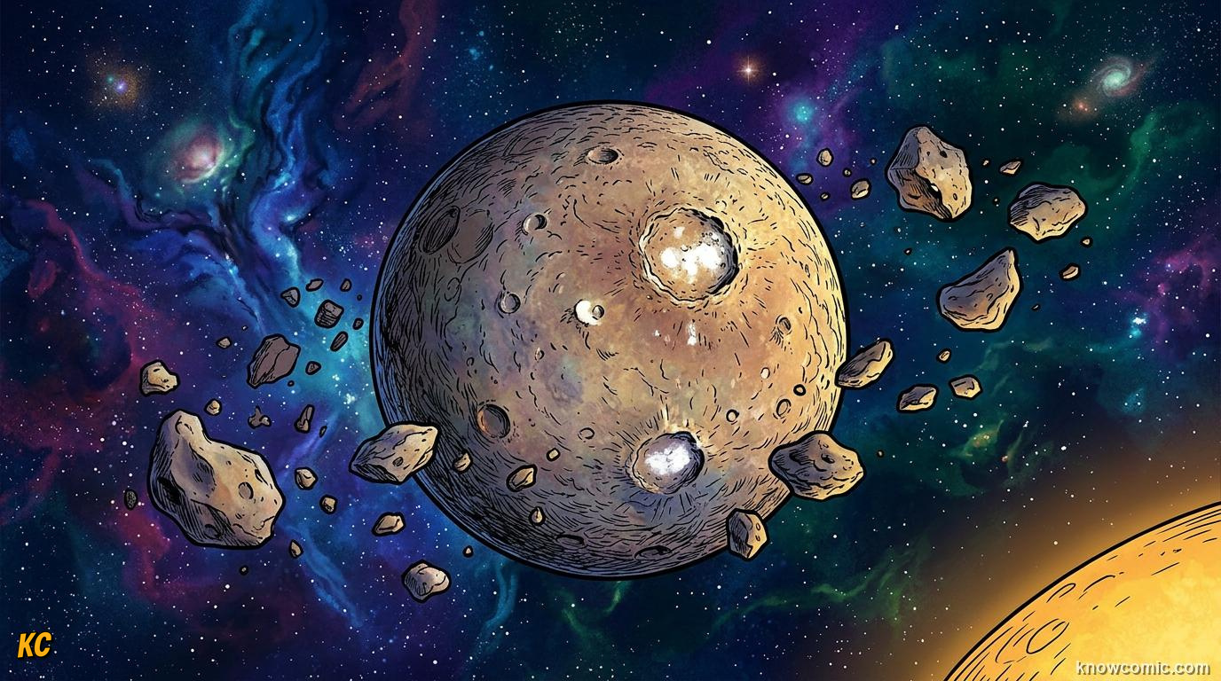 Comic panel about the asteroid belt: between mars & jupiter: Dwarf Giant, educational kids illustration