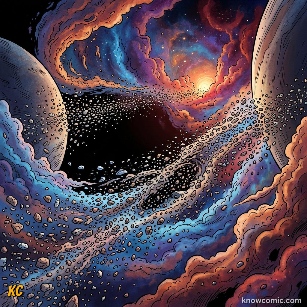 Comic panel about the asteroid belt: between mars & jupiter: Rocks From The Beginning, Meteorites, educational kids illustration
