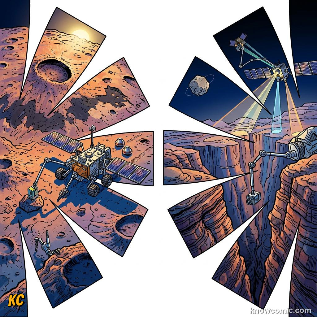 Comic panel about the asteroid belt: between mars & jupiter: Future, educational kids illustration