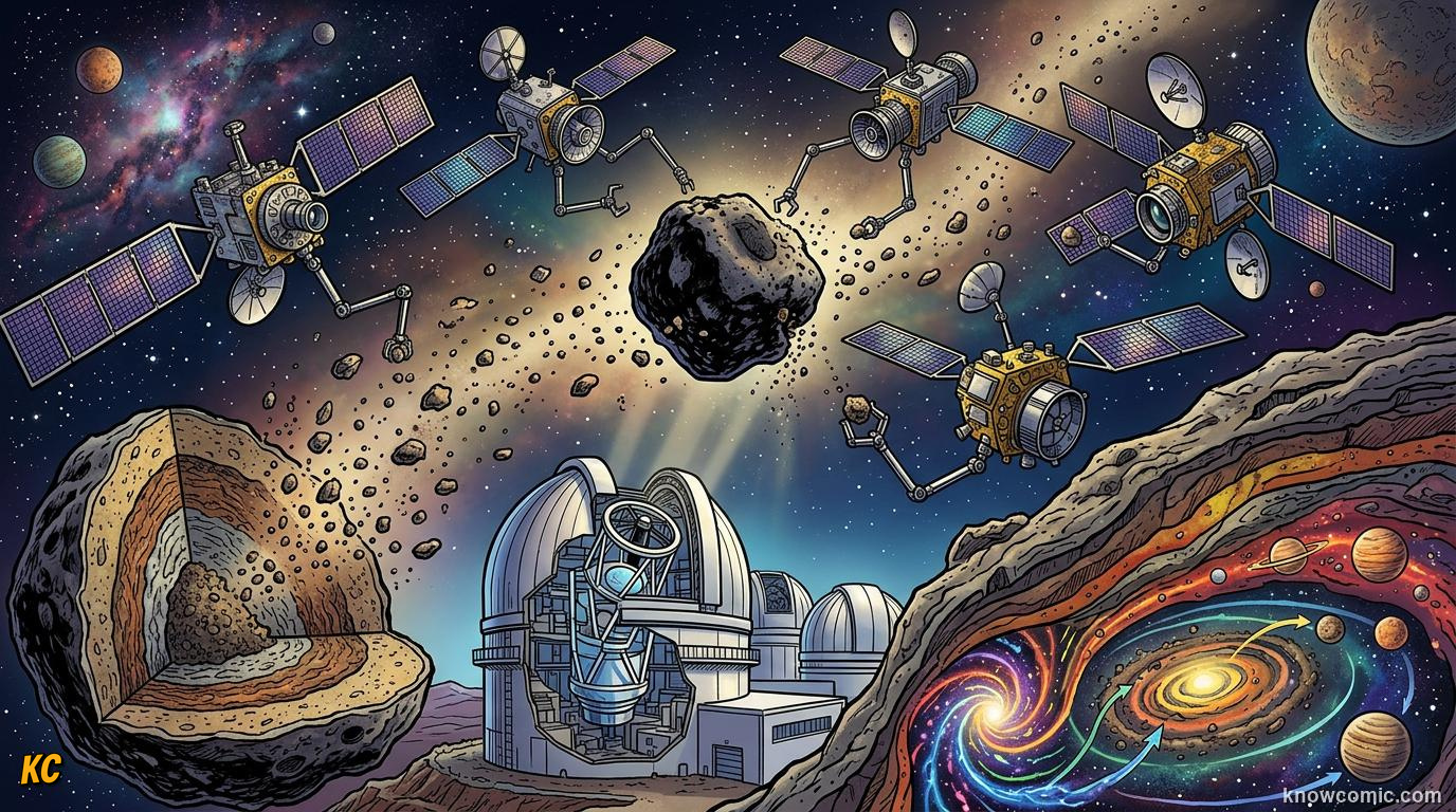 Comic panel about the asteroid belt: between mars & jupiter: Wrap Up, educational kids illustration