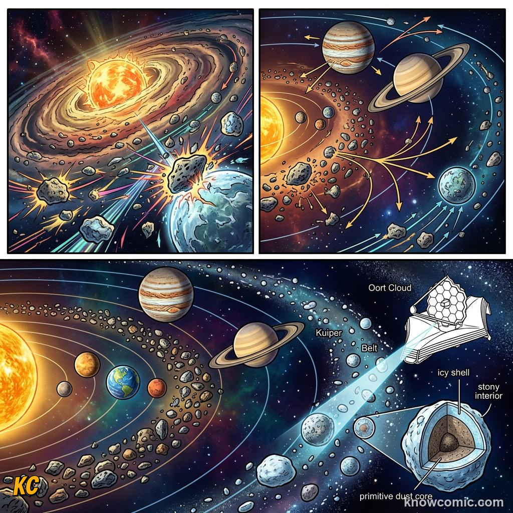 Comic panel about the asteroid belt: between mars & jupiter: The Asteroid Story, Explore, educational kids illustration