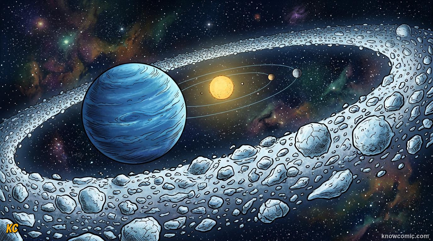 Comic panel about the kuiper belt: beyond neptune: Outer Ring, educational kids illustration