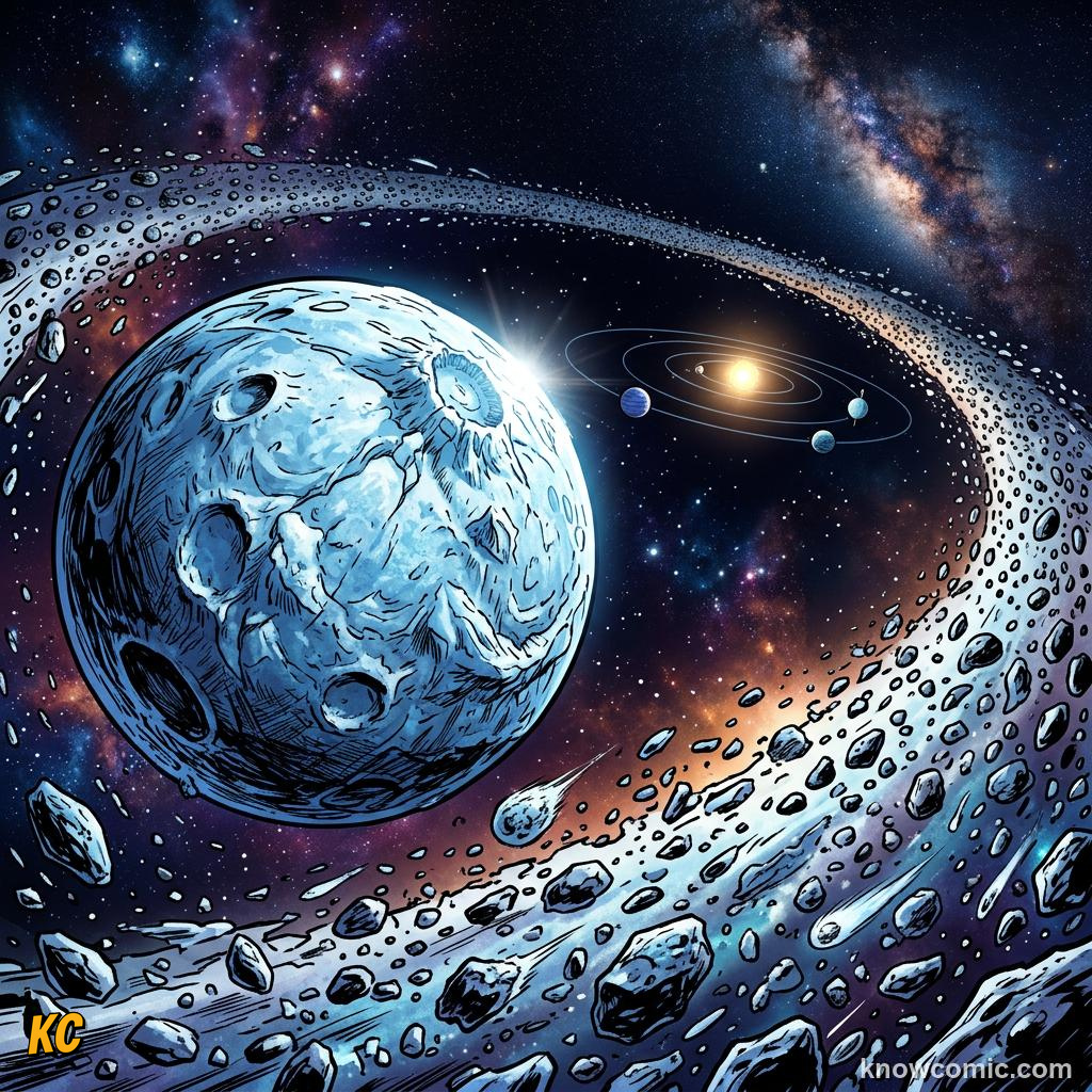 Comic panel about the kuiper belt: beyond neptune: The Kuiper Belt Begins, Distance, educational kids illustration
