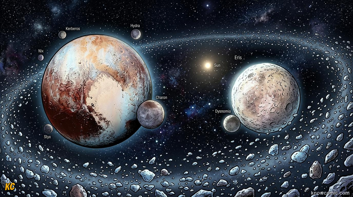Comic panel about the kuiper belt: beyond neptune: Cold Builders, educational kids illustration