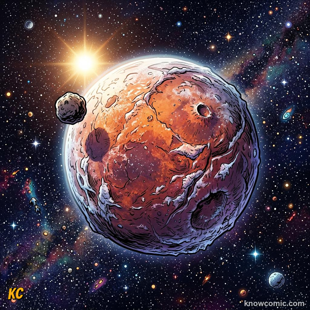 Comic panel about the kuiper belt: beyond neptune: Rock And Ice Together, Fossils, educational kids illustration