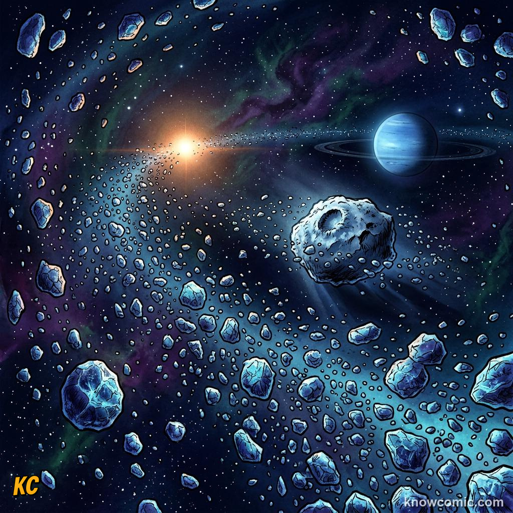 Comic panel about the kuiper belt: beyond neptune: Count, educational kids illustration
