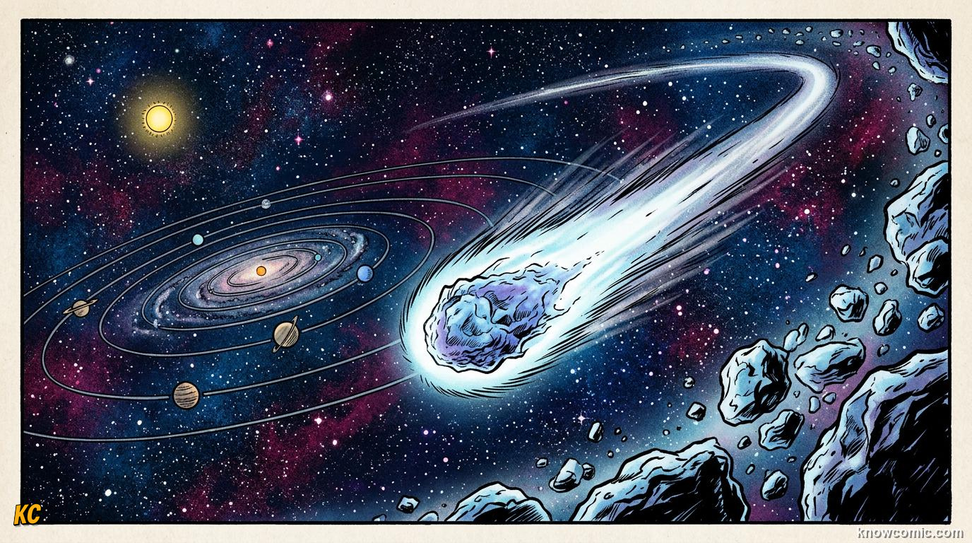 Comic panel about the kuiper belt: beyond neptune: Famous Worlds, educational kids illustration