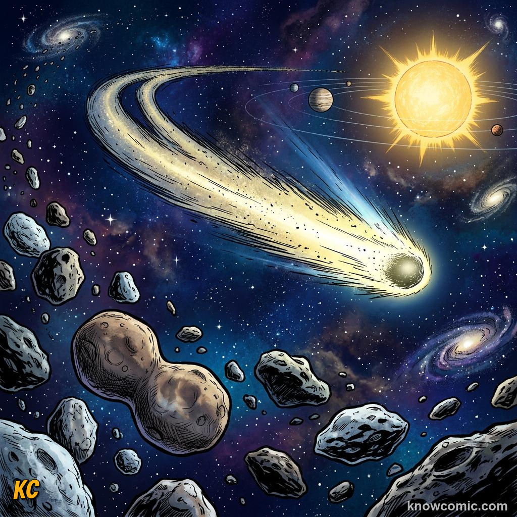 Comic panel about the kuiper belt: beyond neptune: Eris, educational kids illustration