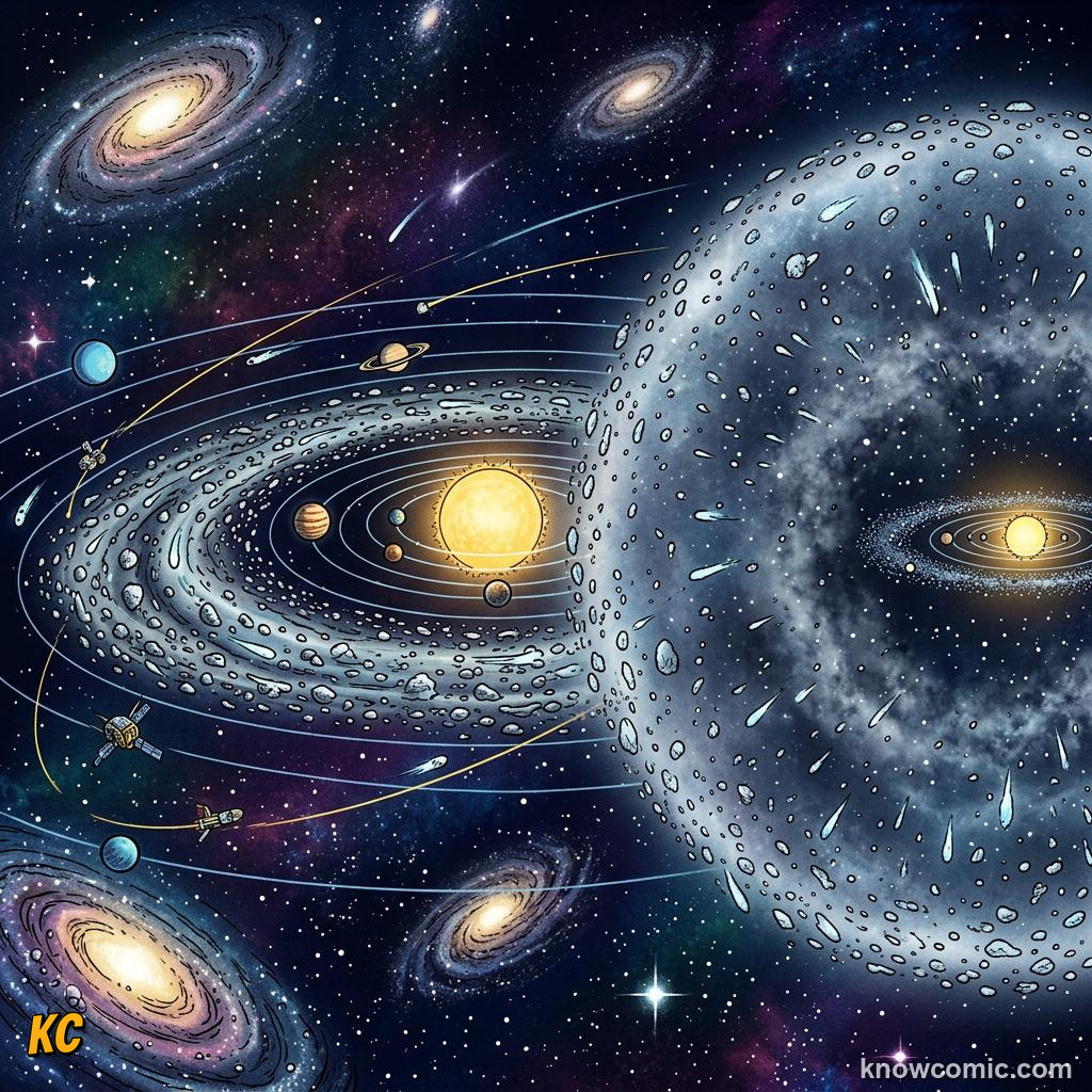 Comic panel about the kuiper belt: beyond neptune: Short-Period Comets, Jupiter, educational kids illustration