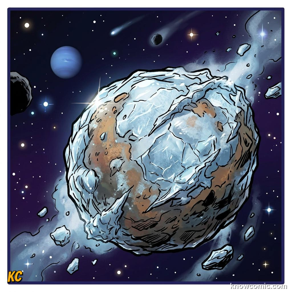 Comic panel about the kuiper belt: beyond neptune: Clues, educational kids illustration